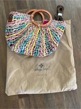 Patricia Nash Pastel Multicolor Braided Straw Tote with Wood Ring Handles